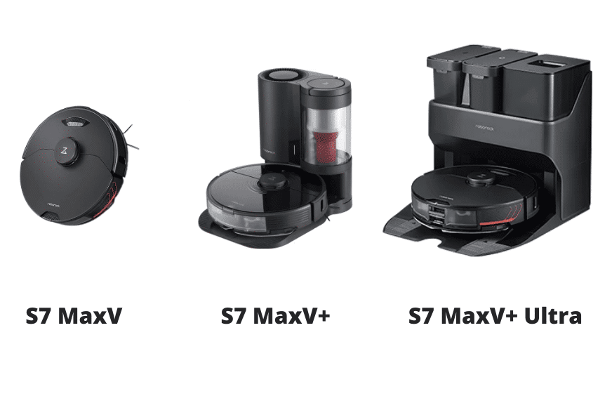 Die verschiedenen Docking Stationen des Roborock S7 MaxV sind in einer Reihe zu sehen